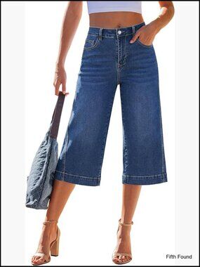 High Waisted Wide Leg Stretchy Denim Capri Jeans with Side Seam